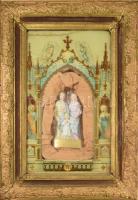 Apácamunka. cca 1900, a Szent Család porcelán szobrával, sérüléssel, 73x52 cm