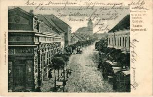 1905 Balassagyarmat, Kossuth utca, Evangélikus templom, gyógyszertár, piac. Halyák István kiadása (r)