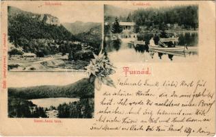 1900 Tusnádfürdő, Baile Tusnad; Sólyomkő, Csukás-tó, Szent Anna-tó. Brunner C. kiadása / Piatra Soimilor / rock, lakes. Floral (EK)