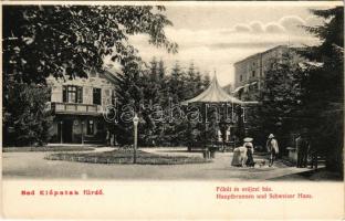 1902 Előpatak, Valcele; Főkút és svájci ház, fürdő. J.M.N. / fountain, spring source, spa (fl)