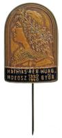 1940. "Mathias Rex Hung. MDEOSZ (Magyar Dalegyletek Országos Szövetsége) 1440-1940 Győr" zománcozott bronz dalos kitűző (34x24mm) T:AU patina