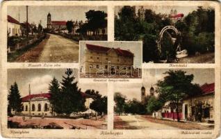 Kunhegyes, Kossuth Lajos utca, Erzsébet hengermalom, Községháza, Rákóczi út, üzlet, kert részlet. Grossmann László kiadása (felületi sérülés / surface damage)