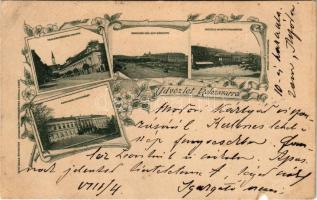 1901 Kolozsvár, Cluj; Takarékpénztári palota, Trencsén tér egy részlete, Fő tér a Bánffy-palotával, Gazdasági Tanintézet. Dunky Fivérek fényképészeti műterméből / saving bank palace, square, school. Art Nouveau, floral (szakadás / tear)