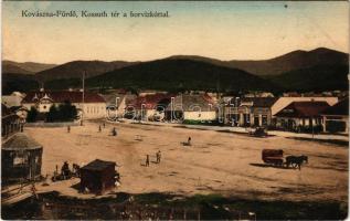 1917 Kovászna-fürdő, Covasna; Kossuth tér, borvízkút, Pokolsár gyógyfürdő, piac, Izsák József, Begidsán Manó, Szabó nyomda üzlete és saját kiadása / square, mineral water spring, market, shops (EK)