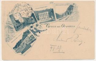 1898 Oravicabánya, Oravica, Oravicza, Oravita; Marktplatz, Röm. kath. Kirche, Comunal Bürgerschule, Montanbahn Krasova Tunel, Aerarische Amts-Gebäude / Piactér, Római katolikus templom, Polgári iskola, Hegyi vasút alagútja Krassóvárnál, Kincstári hivatalok épülete. Kehrer kiadása / market square, Catholic church, school, mountain railway tunnel near Carasova. Art Nouveau, floral + "ORAVICZA - JASSENOVA 210. SZ." (EK)