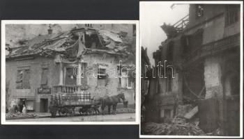 cca 1945 Budapest ostroma után készült felvételek, szétlőtt épületek és adományért sorba álló emberek, 2 db a hátoldalon feliratozott, pecséttel jelzett sajtófotó, 24x18 cm