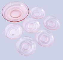 Rózsaszín üveg süteményes készlet, hibátlan 6+1 db