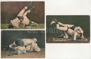 Ringkampf - 3 db RÉGI birkózós művészlap, Raphael Tuck &amp; Sons Oilette Series / 3 pre-1945 postcards: wrestling match, wrestlers