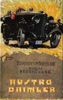 Austro Daimler, Oesterreichische Daimler Motoren Aktiengesellschaft / Austro Daimler reklámlap, automobil / automobile advertisement. artist signed + "Zlehovszky György és Fiai kocsigyára Békéscsaba" (EK)