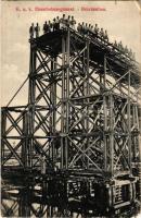 1914 K.u.k. Eisenbahnregiment, Brückenbau. J.L.K. 1914. / Cs. és kir. vasúti ezred hídépítés közben / Austro-Hungarian railway regiment, military railway bridge construction, soldiers + "K.u.k. I. Eisenb. Ers. Komp." (EB)