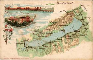Balatonfüred, Balaton térkép, szálloda, villa, fürdő. Károlyi Gy. kiadása. Art Nouveau, floral, litho (szakadás / tear)