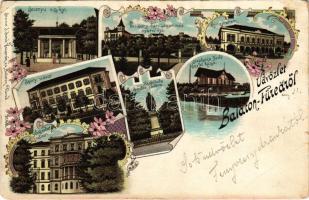 1898 Balatonfüred, Savanyú vízkút, Ipoly udvar, gyógyterem, Erzsébet udvar, Kisfaludy Sándor szobor, Stephania Yacht Egylet háza, Vaszary hercegprímás nyaralója. Steiner I. Jenő Art Nouveau, floral, litho (EB)