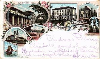 1898 Balatonfüred, Klotild udvar, Ipoly udvar, Templom, Kisfaludy szobor, Tihanyi apátság, Stefánia Yacht udvar, vitorlás a Balatonon. Schwidernoch Károly Art Nouveau, floral, litho (vágott / cut)
