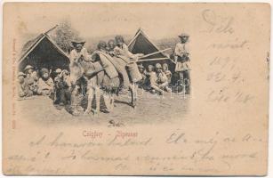 1899 Cigányok (Csigány) folklór, dombornyomott lap. Stengel &amp; Co. Ser. III. 6026. / Zigeuner / Gypsy folklore. Emb. (Rb)