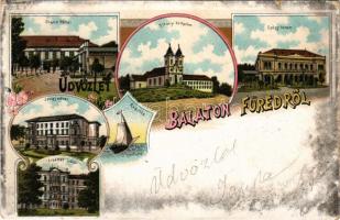 1900 Balatonfüred, Grand Hotel nagyszálloda, Wild Péter étterme, Tihanyi apátság, Gyógyterem, Ipoly udvar, Erzsébet udvar, Regatta. Art Nouveau, floral, litho (r)