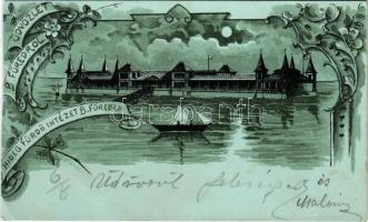 1899 Balatonfüred, Hideg fürdő intézet este holdfényben. Art Nouveau, floral, litho (vágott / cut)