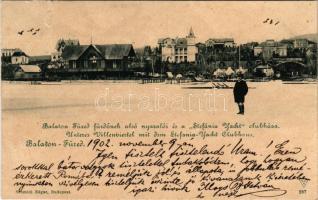 1902 Balatonfüred, Alsó nyaralók és a Stefánia Yacht klubház télen a befagyott Balatonról felvéve. Moys B. István, a fürdőintézet felügyelője levele (szakadás / tear)