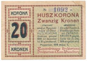 1919. Magyaróvár 20K "Mosonvármegye Direktóriuma" "1092" hátoldalán bélyegzés, aláírások T:VG Adamo MAG-1.4