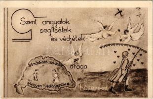 Szent angyalok segítsétek és védjétek drága hőseinket! Imádkozó szívünk legyen védőpajzsunk. Keresztes Nővérek kiadása / WWII Hungarian military art postcard, irredenta propaganda (EB)