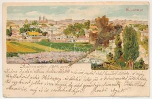1900 Bucharest, Bukarest, Bucuresti, Bucuresci; view with pressed real flower. Kunstanstalt Kosmos 33. Art Nouveau, litho s: Geiger R. (creases)