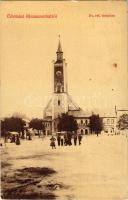 1912 Rimaszombat, Rimavská Sobota; Református templom, Weisz Károly üzlete, piac. A levél címzettje Győry Vilmosné Székács Etelka, az orosházi evangélikus lelkész, Győry Vilmos özvegye. W.L. 586. / Calvinist church, shops, market (EK)