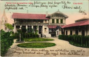 1907 Csíz, Csízfürdő, Kúpele Cíz; Társalgó terem és igazgatósági épület, templom. Szűcs Simon kiadása / directorate and club, church (EK)