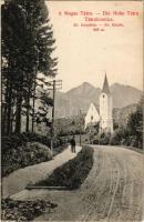 1915 Tátralomnic, Tatranská Lomnica (Magas-Tátra, Vysoké Tatry); Evangélikus templom. A levél címzettje Győry Vilmosné Székács Etelka, az orosházi evangélikus lelkész, Győry Vilmos özvegye. Kiadja Kuszmann Gyula áruháza / Lutheran church (EB)