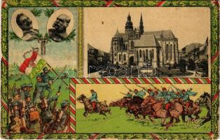 1917 Kassa, Kosice; Szent Erzsébet székesegyház, Magyar zászlós szecessziós hazafias keret II. Vilmos császárral, Ferenc Józseffel és katonákkal, Viribus Unitis propaganda / dom, cathedral, Art Nouveau frame with Hungarian flag an coat of arms, litho (gyűrődések / creases)