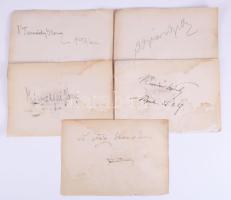 ca 1920 Operaénekesek aláírás gyűjteménye Záborszkyné Ilona (1878-1945), Havas Gyöngyike (1888?1942), Burián Károly (1870-1924) Tasnádi Ilona (1890-1971) + 5 másik, összesen 9 db aláírás, lapokon.