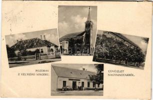 1938 Nagymagyar, Velky Mager, Zlaté Klasy; templom, üzlet. Otto Brunner kiadása / church, shop + "1938 KOMÁROM VISSZATÉRT" So. Stpl (Rb)