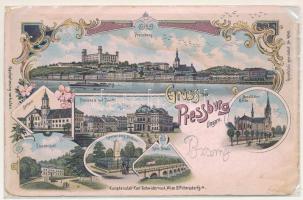 Pozsony, Pressburg, Bratislava; Promenade mit Theater, Rathaus, Neustadter Kirhce, Rth Brücke, Eisenbründl, Gemsenberg Denkmal / Városháza, Sétatér, színház, Újvárosi templom, Vaskutacska, emlékmű, Vörös híd / town hall, promenade, theatre, church, statue, bridge, floral, Kunstanstalt Karl Swidernoch No. 4240. Art Nouveau, litho (EM)