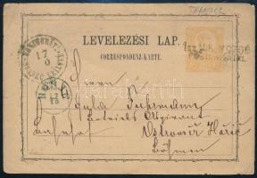 ~1871 Díjjegyes levelezőlap "1 SZ. M. K. MOZGÓ POSTAHIVATAL" - kék "HORIC" / Böhmen