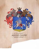 A bikafalvi Máthé család címere (Udvarhelyszéki nemes család, amely 1632-ben Máthé János által nyert címereslevelet), kézzel rajzolt és festett címerrajz, sérült, viseltes állapotban, lapszéli hiánnyal, feltekerve, 48x39 cm