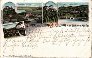 1899 Sankt Georgen am Längsee (Kärnten), Seebad, Hochosterwitz, Schloss Mannsberg, Schwimmanstalt, Orangerie und Terasse. Kunstanstalt Karl Schwidernoch No. 1073. / spa, mountain peak, castle. Art Nouveau, litho (EB)