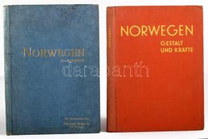 Norwegen. Gestalt und Kräfte. Herausgegeben von Karl Fischer. Oslo, 1937, Johan Grundt Tanum. + Norwegen Illustriert. Oslo, Blix Verlag. Kiadói kartonált és egészvászon kötés, kopottas állapotban.