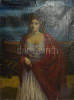 Jelzés nélkül, XX. sz. eleje: Vörös kendős hölgy. Olaj, vászon. Sérült. 130x96 cm. KIZÁRÓLAG SZEMÉLYES ÁTVÉTEL, NEM POSTÁZZUK! / ONLY PERSONAL COLLECTION AT OUR OFFICE!