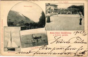 1902 Alsóörs, Alsó-Eörs; Malomvölgy, Bérvitorlás, balatoni nyílt fürdő, nyilvános labdatér, teniszpálya. Fénynyomat Divald műintézetéből, Art Nouveau (EK)