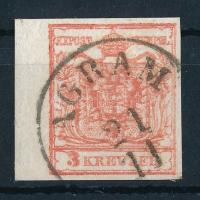 1850 3kr HP III ívszéli nyomat 5 mm ívszéllel, lemezhiba "AGRAM"