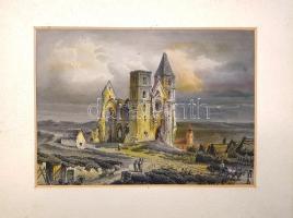 [Látkép] A zsámbéki templom. Ruine der Kirche zu Zsambek. Ludwig Rohbock (1824-1893) német grafikusművész részletgazdag, korabeli színezésű acélmetszete a "Magyarország és Erdély eredeti képekben" című illusztrált topográfiai műből. Darmstadt, (1864). Druck und Verlag von G. G. Lange. Acélmetszet, mérete: 115x162 mm, lemezméret: 120x165 mm, lapméret: 120x170 mm. Ludwig Rohbock (1824-1893) nürnbergi grafikusművész, tájképfestő. Európa számos országát bejárta, a Duna vidékét először 1855-ben kereste fel, 1856-1863 között utazta be hazánkat, számos vázlatot készítve. Rohbock romantikus látképei kissé idealizálják a valóságot, ám meglepő pontossággal örökítik meg Magyarország és Erdély kiemelt fontosságú épületeit, utca- és városképeit, várromjait és várait, kastélyait, fürdőit és hegycsúcsait, templomait és kolostorait. A német festő kiemelt figyelmet szentelt a bemutatott vidék néprajzi karakterének, a látképek előterében a korabeli városi és népi viseletek eredeti környezetükben tűnnek fel, az előtér emberi jelenetei egyben megörökítik a századközép szokás- és viselkedésrendjét is. Látképünkön Zsámbék jelentős látnivalóját, a gótikus stílusban épült, valaha a premontrei rend tulajdonában álló, a török időkben erődítményként szolgáló, az 1763-as földrengésben megtépázott, romjaiban is impozáns zsámbéki templomrom épületét láthatjuk, mögötte a völgyben a Keresztelő Szent János-plébániatemplom épülete tűnik fel. Az előtérben a környező szőlőskertekhez tartozó présházak, paraszti bámészkodók, valamint a látványra nem sokat adó, távozóban levő ökrös szekér, paraszti párral. Délkelet felé tekintő látképünk felvételi pontja nagyjából a mai Corvin János utca 18. számához esik közel, perspektívája pontosnak mondható. Látképünk a Hunfalvy János szövegével megjelent háromkötetes mű első, Pest-Budát és környékét részletező kötetében jelent meg: képünk a kötet 197. oldalához tartozó, éles kontúrú acélmetszet. Enyhén elszíneződött, keretezéskor körülvágott metszet, kissé foltos paszpartuban, fakeretben, üveglap mögött.