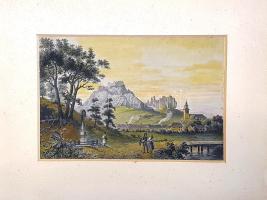 [Látkép] Siroki várrom. Ruine Sirok. Ludwig Rohbock (1824-1893) német grafikusművész részletgazdag, korabeli színezésű acélmetszete a "Magyarország és Erdély eredeti képekben" című illusztrált topográfiai műből. Darmstadt, (1864). Druck und Verlag von G. G. Lange. Acélmetszet, mérete: 115x162 mm, lemezméret: 120x165 mm, lapméret: 120x170 mm. Ludwig Rohbock (1824-1893) nürnbergi grafikusművész, tájképfestő. Európa számos országát bejárta, a Duna vidékét először 1855-ben kereste fel, 1856-1863 között utazta be hazánkat, számos vázlatot készítve. Rohbock romantikus látképei kissé idealizálják a valóságot, ám meglepő pontossággal örökítik meg Magyarország és Erdély kiemelt fontosságú épületeit, utca- és városképeit, várromjait és várait, kastélyait, fürdőit és hegycsúcsait, templomait és kolostorait. A német festő kiemelt figyelmet szentelt a bemutatott vidék néprajzi karakterének, a látképek előterében a korabeli városi és népi viseletek eredeti környezetükben tűnnek fel, az előtér emberi jelenetei egyben megörökítik a századközép szokás- és viselkedésrendjét is. Látképünk központi eleme a Mátra egykori erőssége, a romjaiban is impozáns siroki várrom. A XIV. században épült siroki vár Eger 1596. évi ostromakor török kézre került, onnantól török végvári portyák bázisaként működött, ám Eger 1687. évi visszavételekor könnyen visszatért. A Rákóczi-szabadságharcban nem sok szerepet játszó várat az osztrák megtorlás megrongálta, a következő évszázadban az erősség állapota csak romlott. Láttképünk központi várromjától jobbra jól kivehető a Barát- és Apáca-sziklák tömbje, alatta Sirok község plébániatemploma, kisebb házak kíséretében. Északra tekintő látképünk a Sirok község határában ma is álló kőfeszület mellől készült, tőle jobbra tisztán kivehető a Tarna-patakon átívelő fahíd. Az előtérben magyar viseletet hordó pár, a feszület előtt jámbor hívő álldogál. Tájképünk a Hunfalvy János szövegével megjelent háromkötetes mű második kötetében jelent meg, illusztrációnk a kötet 190. oldalához tartozó, éles kontúrú acélmetszet. Enyhén elszíneződött, keretezéskor körülvágott metszet, kissé foltos paszpartuban, fakeretben, üveglap mögött.