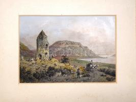 [Látkép] Badacson a Balaton mellett. Badatschon am Plattensee. Ludwig Rohbock (1824-1893) német grafikusművész részletgazdag, korabeli színezésű acélmetszete a "Magyarország és Erdély eredeti képekben" című illusztrált topográfiai műből. Darmstadt, (1864). Druck und Verlag von G. G. Lange. Acélmetszet, mérete: 115x162 mm, lemezméret: 120x165 mm, lapméret: 120x170 mm. Ludwig Rohbock (1824-1893) nürnbergi grafikusművész, tájképfestő. Európa számos országát bejárta, a Duna vidékét először 1855-ben kereste fel, 1856-1863 közötti magyarországi utazásain számos vázlatot készített. Romantikus látképei kissé idealizálják a valóságot, ám meglepő pontossággal örökítik meg Magyarország és Erdély kiemelt fontosságú épületeit, utca- és városképeit, várromjait és várait, kastélyait, fürdőit és hegycsúcsait, templomait és kolostorait. A német festő kiemelt figyelmet szentelt a bemutatott vidék néprajzi karakterének, a látképek előterében a korabeli városi és népi viseletek eredeti környezetükben tűnnek fel, az előtér emberi jelenetei egyben megörökítik a századközép szokás- és viselkedésrendjét is. Látképünk központi elemét a Kisfaludy Sándor munkássága óta a nemzeti tájak közé sorolt Balaton-felvidék feltűnő eleme, Badacsony hegye alkotja. Keletre tekintő látképünk az avasi kolostor romjai tövéből készült, ennek megfelelően metszetünk előtérben a kolostor tornya és temetője, az ezeket megkerülő országút, az országúton ökrös szekér és népi alakok. Jobbról a tó nyúlik a képbe, hátul pedig a Badacsony tömbje, présházaival és szőlőskertjeivel. Látképünk a Hunfalvy János szövegével megjelent háromkötetes mű második kötetében jelent meg, illusztrációnk a kötet 344. oldalához tartozó, éles kontúrú acélmetszet. Jó állapotú keretezéskor körülvágott metszet, paszpartuban, fakeretben, üveglap mögött.