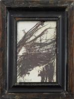 Wagner János (1936-2022): Gubanc (cím nélkül). Pálmalevél, merített papír, jelezve balra lent: Wagner. 25x17,5 cm. Üvegezett, kopott fakeretben.