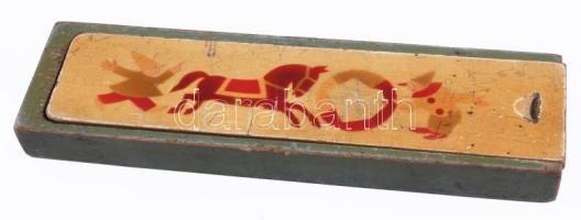 Antik fa gyermek tolltartó, rajta cirkuszi jelenettel, kopott, h: 24 cm