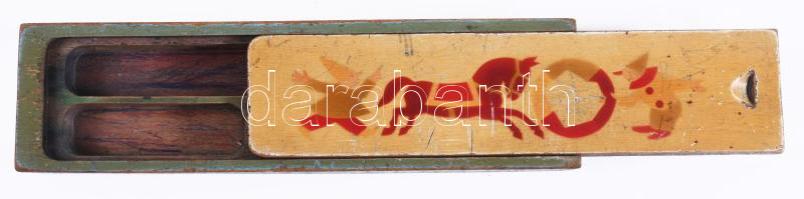 Antik fa gyermek tolltartó, rajta cirkuszi jelenettel, kopott, h: 24 cm