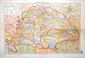 [Térkép] Magyarország politikai térképe a bécsi döntések, a kárpátaljai és délvidéki bevonulások után. Mértéke: 1:2,500.000. (1943). [Budapest], 1943. Kókai Lajos - M. Kir. Honvéd Térképészeti Intézet. Színes térkép, mérete: 250x380 mm egy 300x435 mm méretű térképlapon. 1943-ban kiadott közigazgatási térképünk a teljes történelmi Magyarországot ábrázolja; az 1938-as, 1939-es, 1940-es és 1941-es diplomáciai és katonai műveletek nyomán létrejött új határvonal feltüntetésével. A domborzati, vízrajzi, településhálózati és közlekedésföldrajzi részleteken kívül érdekes részlet, hogy lapunk az 1918-ig érvényes megyebeosztást tartalmazza. A geopolitikai helyzetnek megfelelően nyugati és északi szomszédunk Németország, keleten Románia látható (a bukovinai székely települések esetén magyar megnevezésekkel), délen Szerbia, Bosznia és Horvátország államai. Szlovénia helyén Krajna tartomány, az olasz törekvéseknek megfelelően Dalmácia olasz ellenőrzés alatt. A jobb felső sarokban Budapest melléktérképe. Térképlapunkon halvány elszíneződés, a hajtások mentén apró szakadásnyomok, hátoldalán kisebb foltosság és kézi számolás. Jó állapotú lap, hajtogatva.