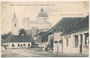 1910 Bölön, Belin, Böllen, Blumendorf; Unitárius templom az 1617 évben épült várral, Rafael Jakab ecetgyára és áruháza. Malomfalvi Szász F. felvétele / Biserica unitar / Unitarian church, castle, shop (fl)