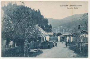 1913 Csíkszereda, Miercurea Ciuc; Gyimesi határ, határőrök. Svoboda Miklós kiadása / Hungarian-Romanian border station by Ghimes, customs office, border guards + "KOLOZSVÁR - MÁDÉFALVA - BRASSÓ 246 A" vasúti mozgóposta bélyegző (fl)