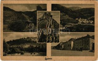 Csíkgyimes, Csík-Gyimes, Gyimes, Ghimes; mozaiklap: Határszéli lépcső, Rákóczi vár, magyar-román határ, vasútállomás / multi-view postcard: castle ruins, Hungarian-Romanian border, railway station (fa)
