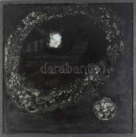 Wagner János (1936-2022): Távoli tájakon. Akril, üveg applikáció, farost, jelezve jobbra lent: Wagner. Hátoldalán autográf felirattal. 67x67 cm. Fakeretben.