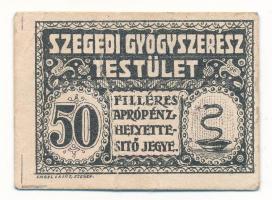 1920 k. Szeged 50f aprópénz helyettesítő jegy "Szegedi Gyógyszerész Testület", a hátlapon piros "Frankl Antal" bélyegzéssel T:F Adamo SZE-99.3.3